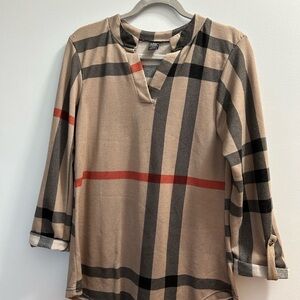 Elegant Plaid Women's Blouse in Tan and Black